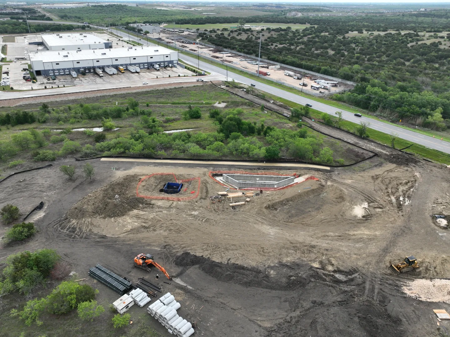 Site Plan A showing lift station layout and force main routing, Decker General, Austin TX — Mahoney Engineering