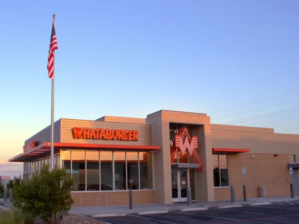 Home 3 Whataburger commercial development, Austin, Texas — exterior building view at dusk