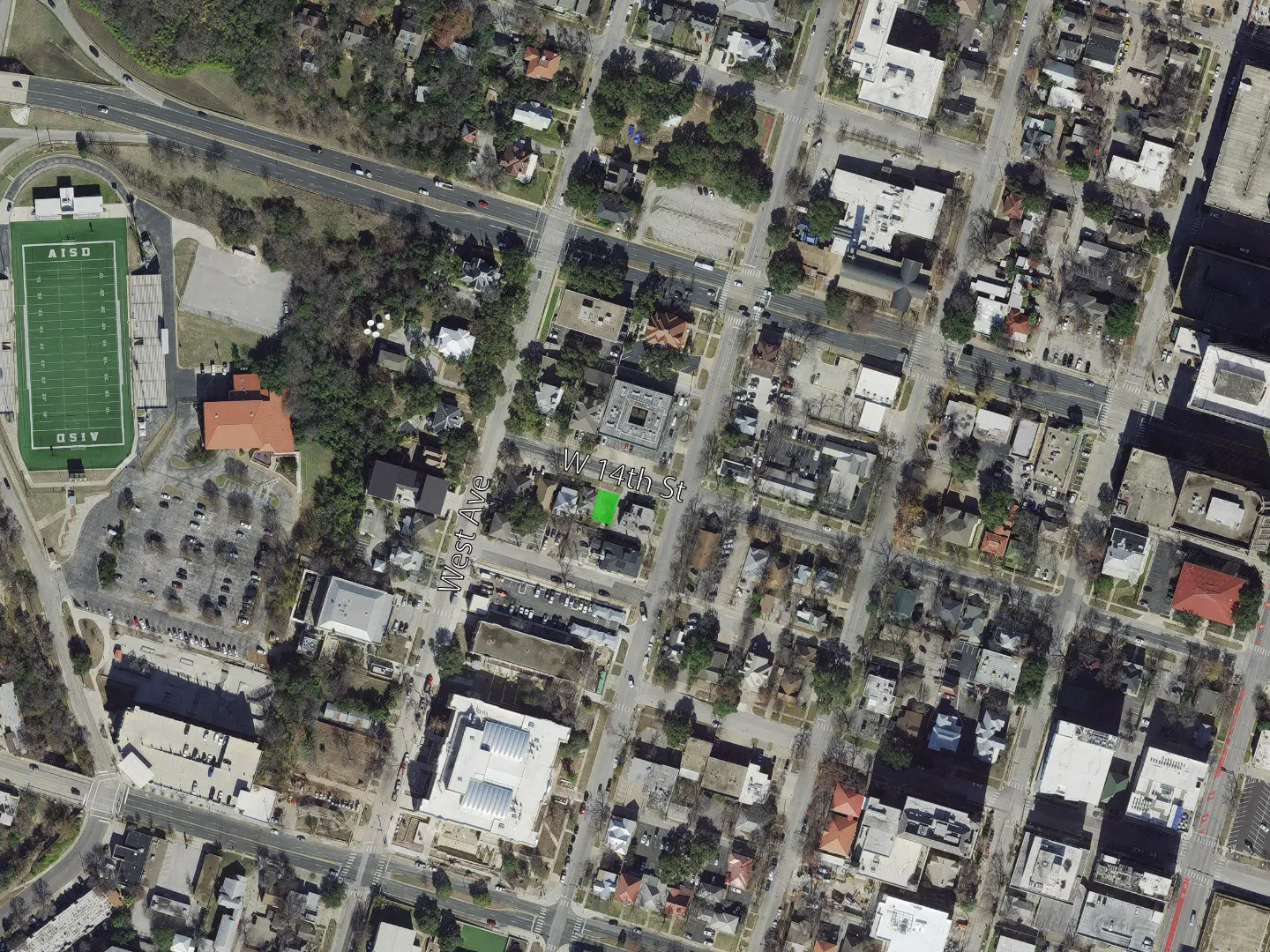 Aerial location map of the Ashram condominium site at 707 W 14th Street in downtown Austin, Texas
