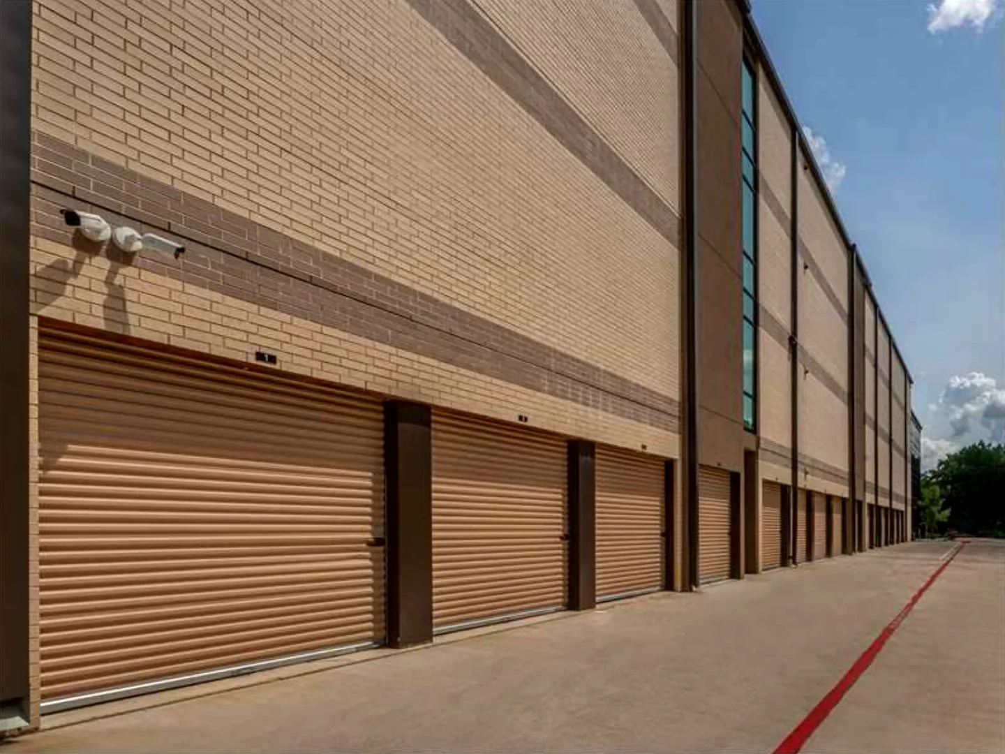 Drive-up storage units along the fire lane at Extra Space Storage in Austin, Texas