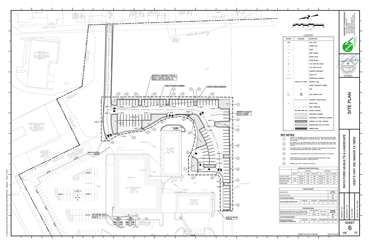 Riata Ford site plan by Mahoney Engineering in Manor, Texas, showing about 41,000 sq ft of new vehicle storage paving around the existing dealership